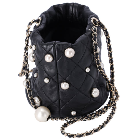 CHANEL About Pearls Drawstring Mini Bucket Bag Black Lambskin